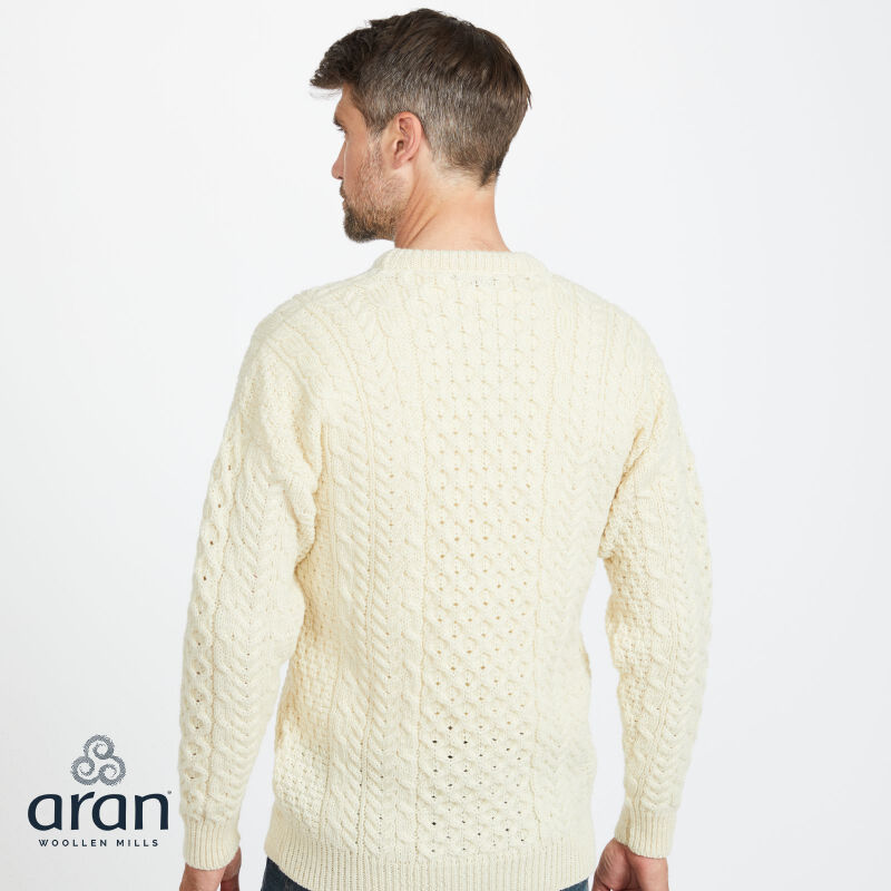 Aran Woollen Mills 100% Natural Wool White Crew Neck Traditional Aran Sweater